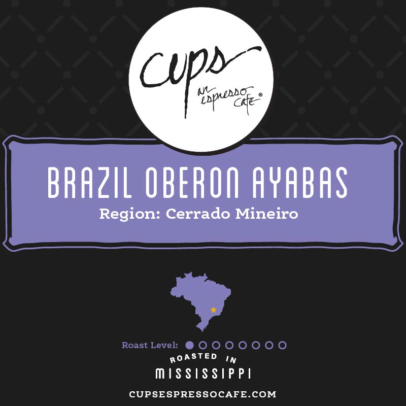 Brazil Oberon Ayabas light roast coffee label featuring Brazil map and Cerrado Mineiro region designation
