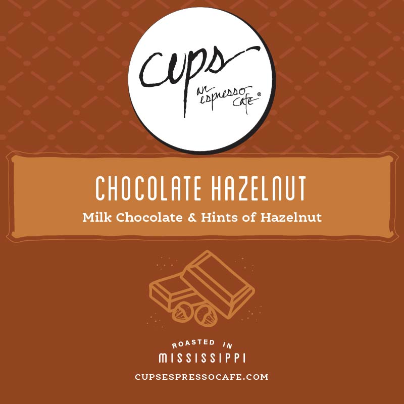 Chocolate Hazelnut flavored coffee label with chocolate bar and hazelnut icons showing milk chocolate and hazelnut flavor notes