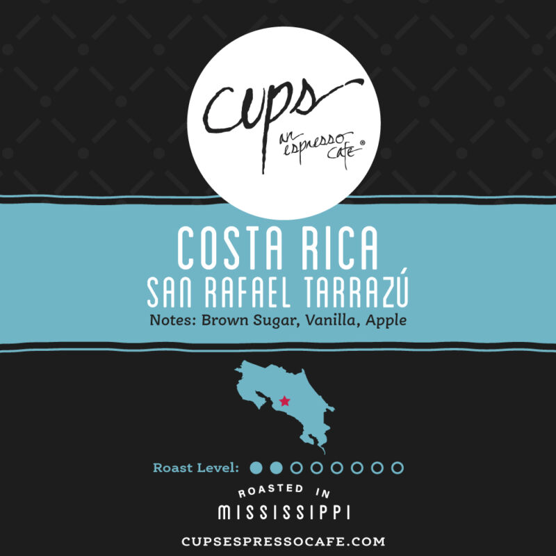 Costa Rica San Rafael Tarrazú coffee label with Costa Rica country outline showing Tarrazú region and brown sugar vanilla apple tasting notes