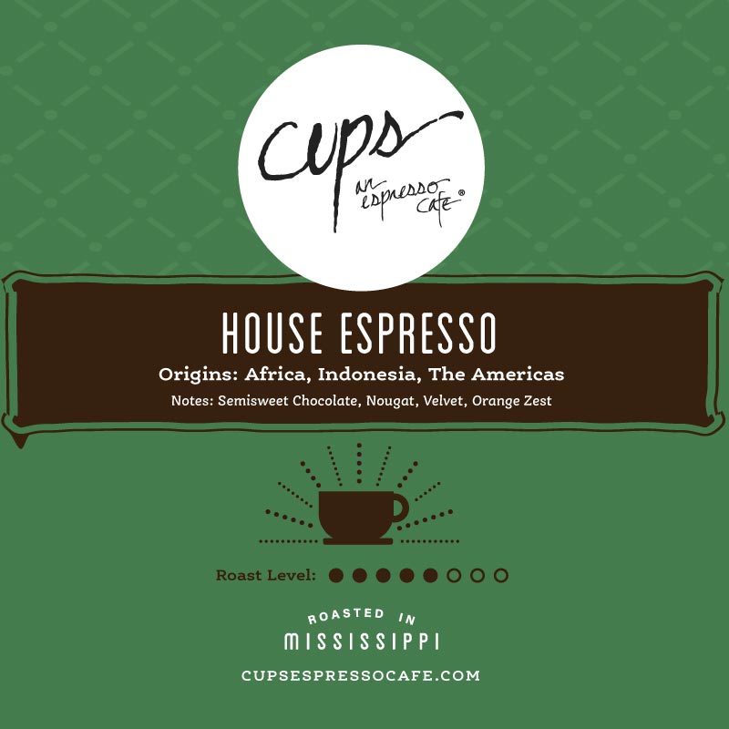 House Espresso Blend coffee label with espresso cup icon showing Africa Indonesia Americas origins and semisweet chocolate nougat velvet orange zest notes