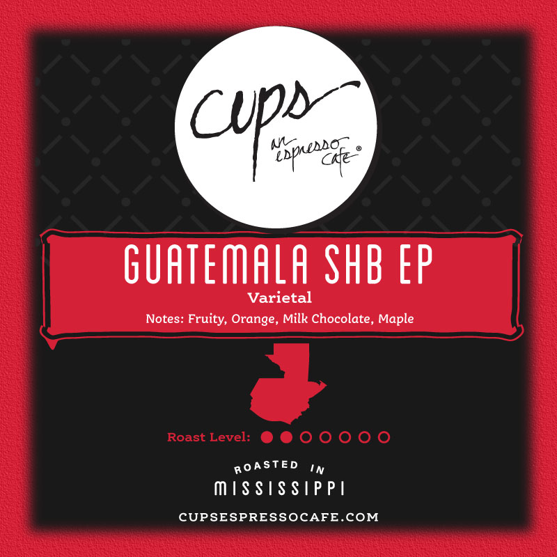 Guatemala SHB EP Varietal coffee label with Guatemala country outline showing fruity orange milk chocolate maple tasting notes on red background