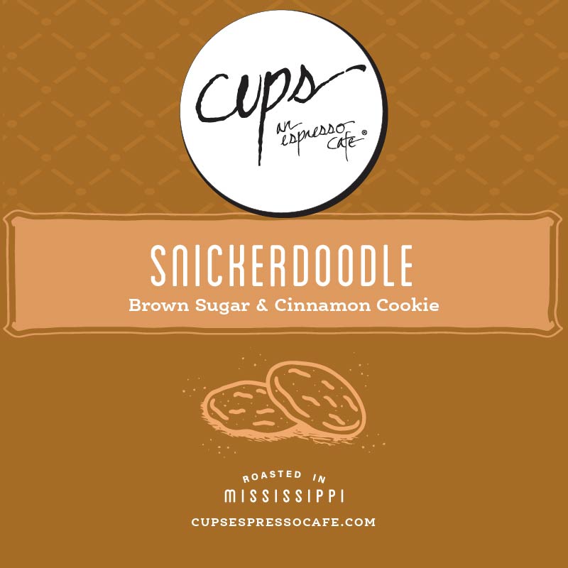 Snickerdoodle flavored coffee label with cookie illustration showing brown sugar and cinnamon cookie flavor notes