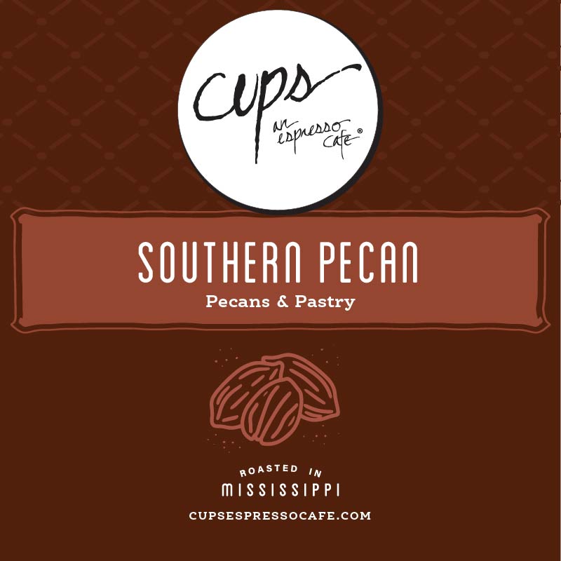 Southern Pecan flavored coffee label with pecan illustration showing pecans and pastry flavor notes