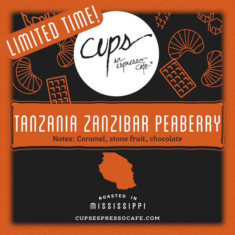 Tanzania Zanzibar Peaberry limited time coffee label with Tanzania country outline and chocolate waffle icons showing caramel stone fruit chocolate tasting notes on orange background